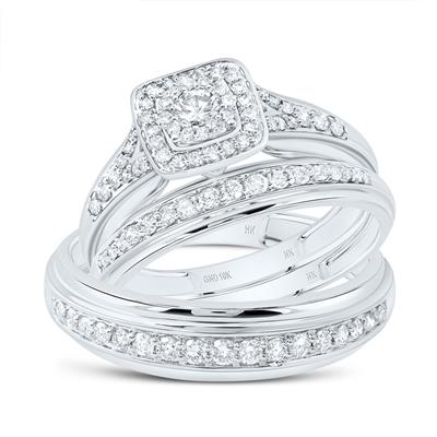 10K White Gold Square Halo Diamond Trio Set 0.87 ct tw
