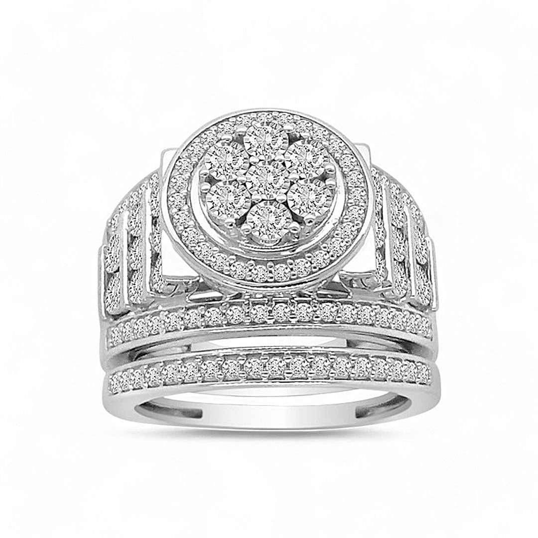 10K White Gold Round Cluster Diamond Bridal Set 1.00 ct tw