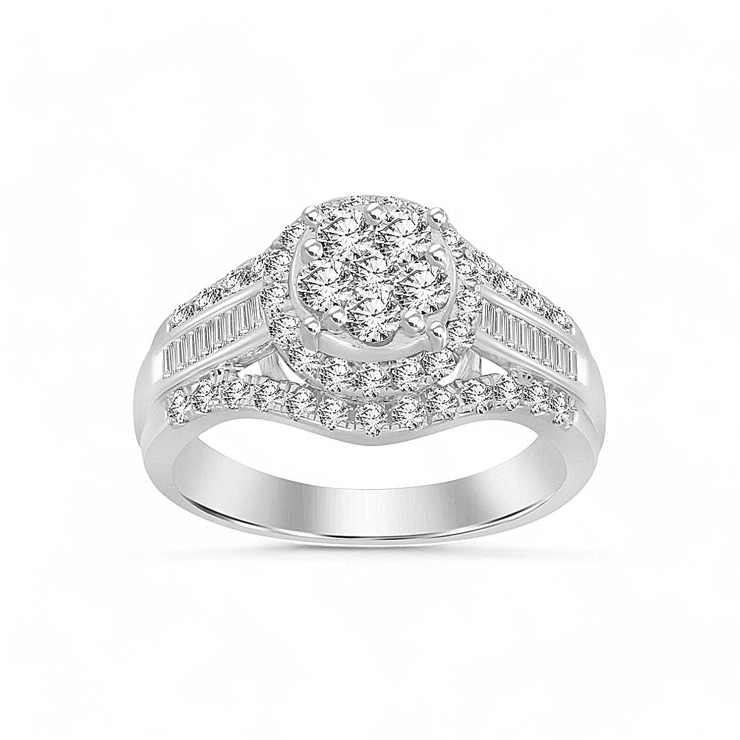 10K White Gold Round Cluster Diamond Engagement Ring with Baguettes 1.00 ct tw
