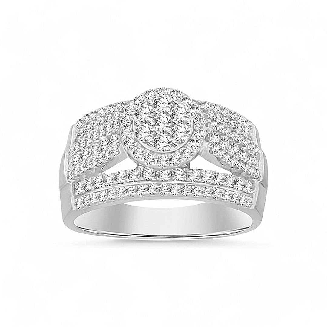 10K White Gold Round Cluster Pavé Diamond Engagement Ring 1.00 ct tw