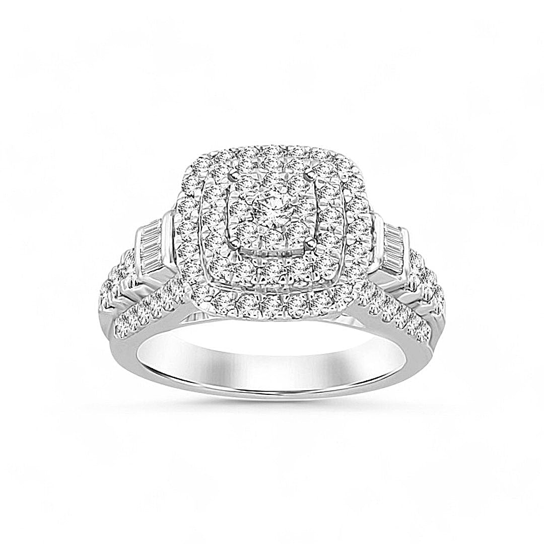 10K White Gold Square Diamond Engagement Ring with 1.50Tw Baguette and Round Diamonds - Miral Jewelry