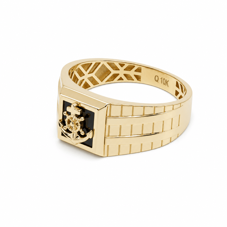 10k Yellow Gold Anchor Onyx Fashion Ring Men's - Miral Jewelry
