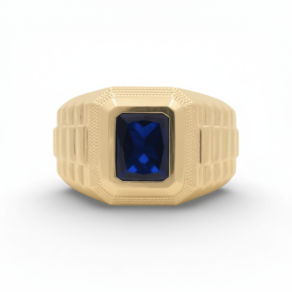 10K Yellow Gold Men's Blue Stone Ring with Watch-Link Sides 5.4 g