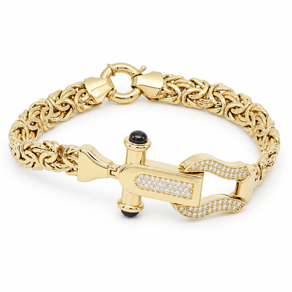 10K Yellow Gold Byzantine Bracelet with CZ Horseshoe Clasp – 7.5" - Miral Jewelry
