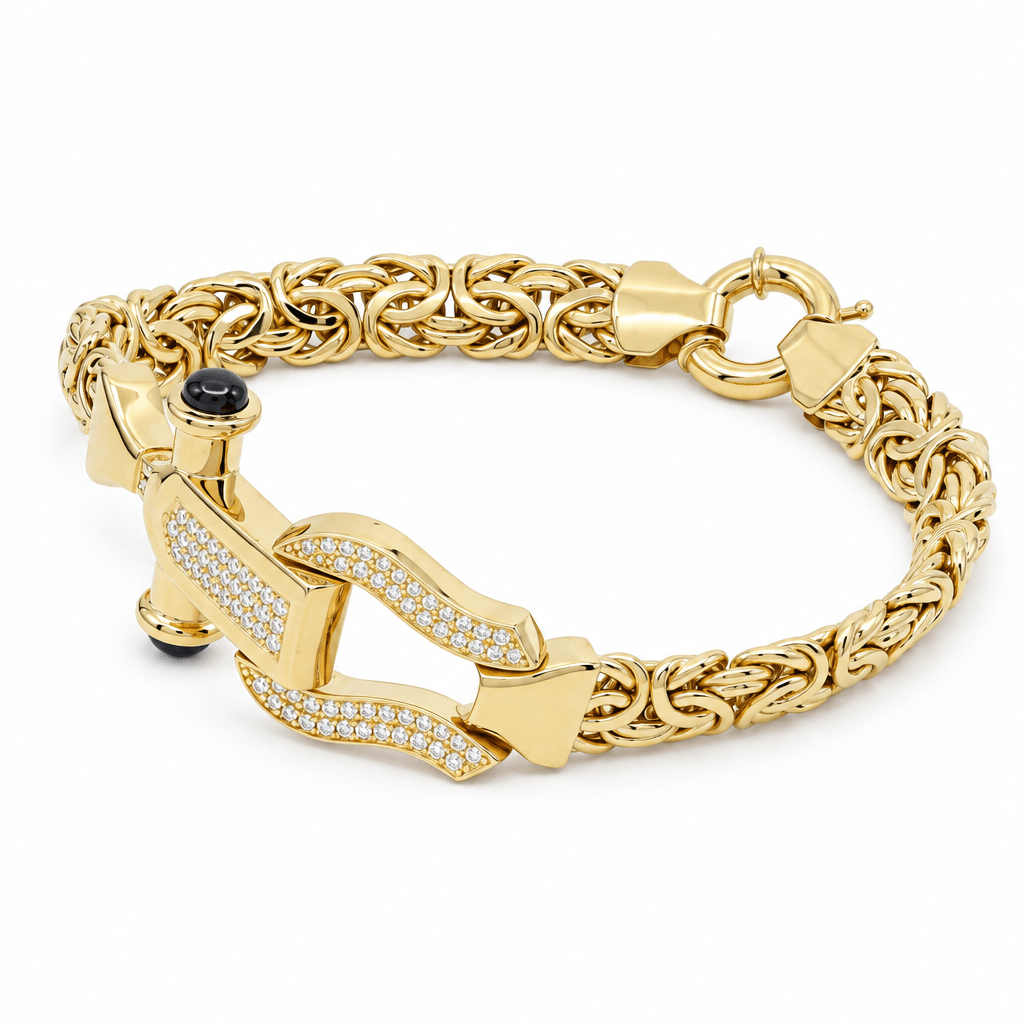 10K Yellow Gold Byzantine Bracelet with CZ Horseshoe Clasp – 7.5" - Miral Jewelry