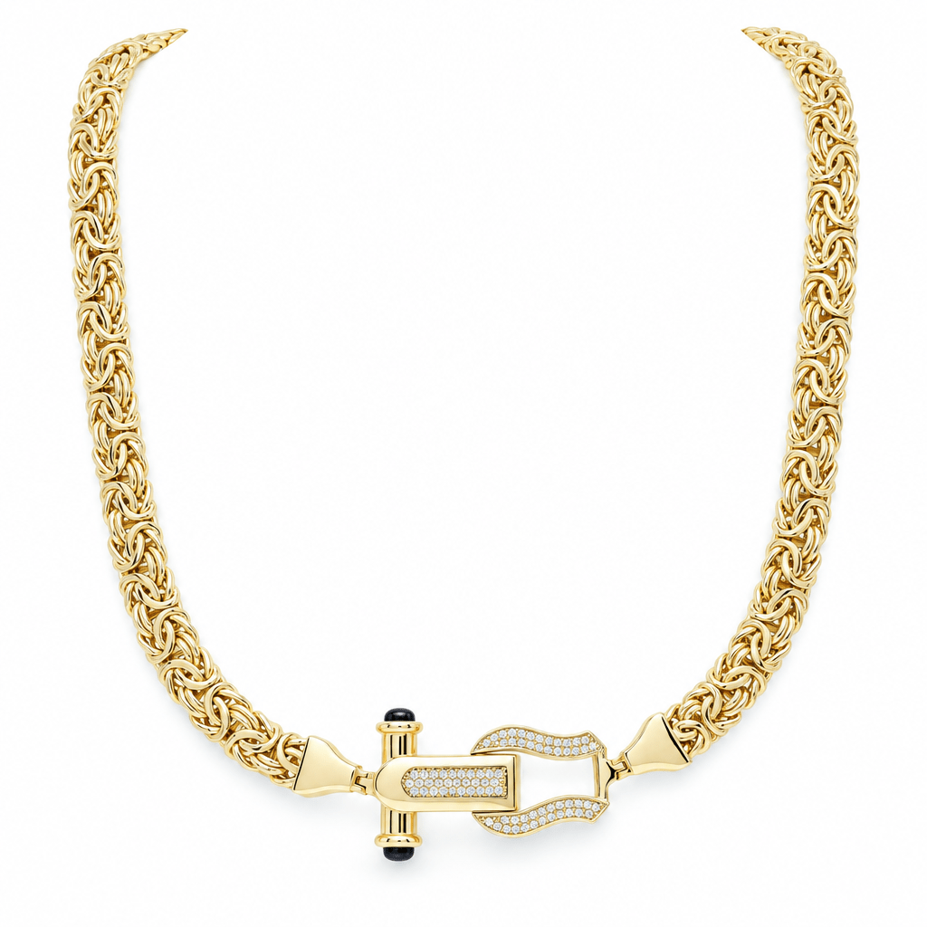 10K Yellow Gold Byzantine Necklace with CZ Horseshoe Clasp – 18" - Miral Jewelry