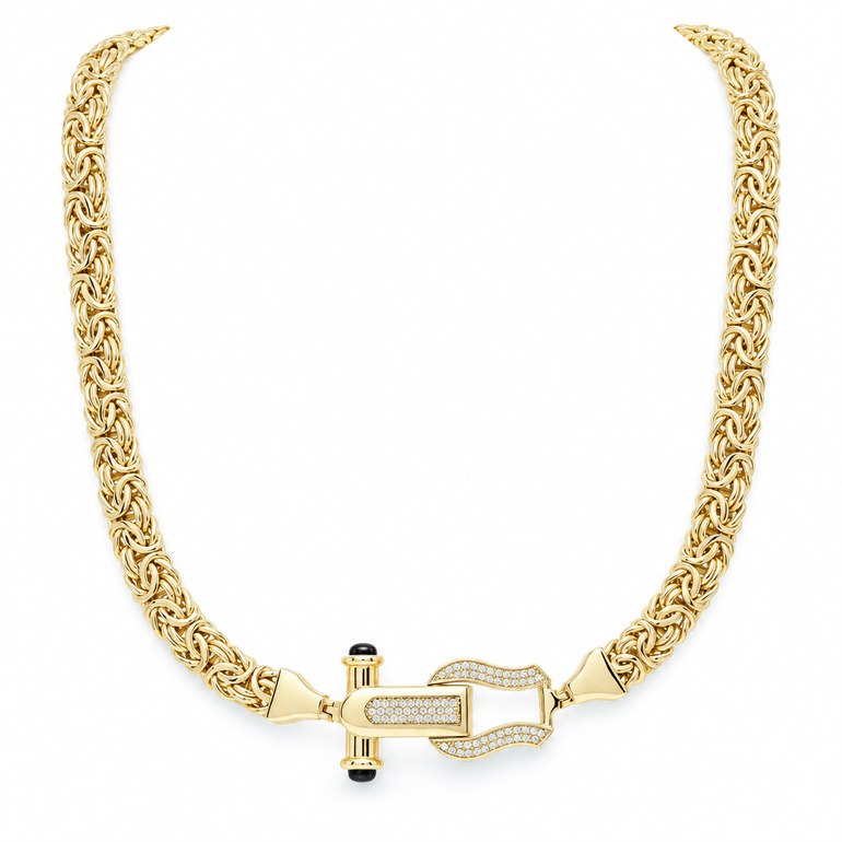 10K Yellow Gold Byzantine Necklace with CZ Horseshoe Clasp – 18" - Miral Jewelry
