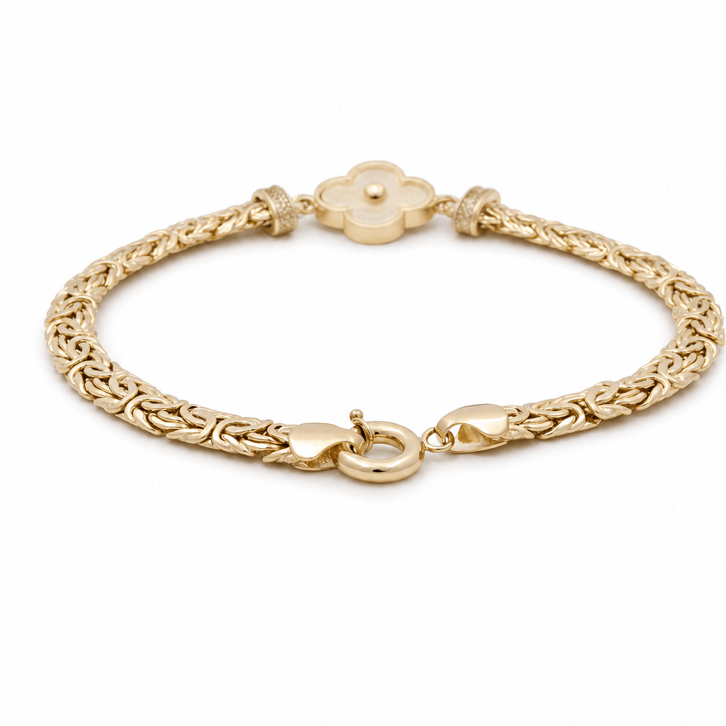 10K Yellow Gold Byzantine with Flower Bracelet Women's - Miral Jewelry
