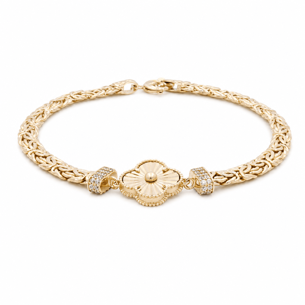 10K Yellow Gold Byzantine with Flower Bracelet Women's - Miral Jewelry