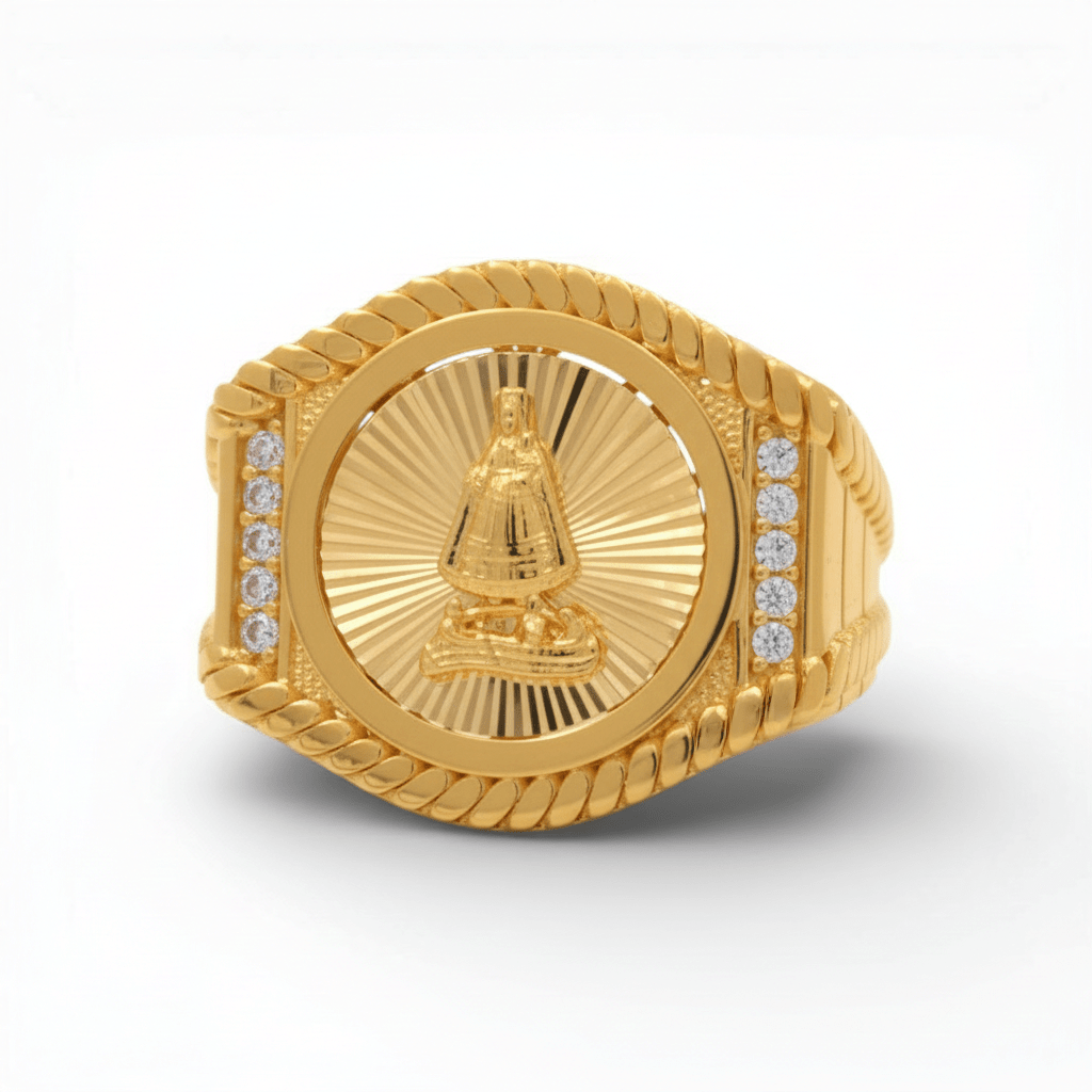 10K Yellow Gold Men's Caridad del Cobre Ring with CZ 7.7 g