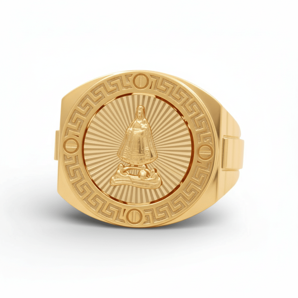 10K Yellow Gold Men's Caridad del Cobre Greek Key Ring 6.3 g