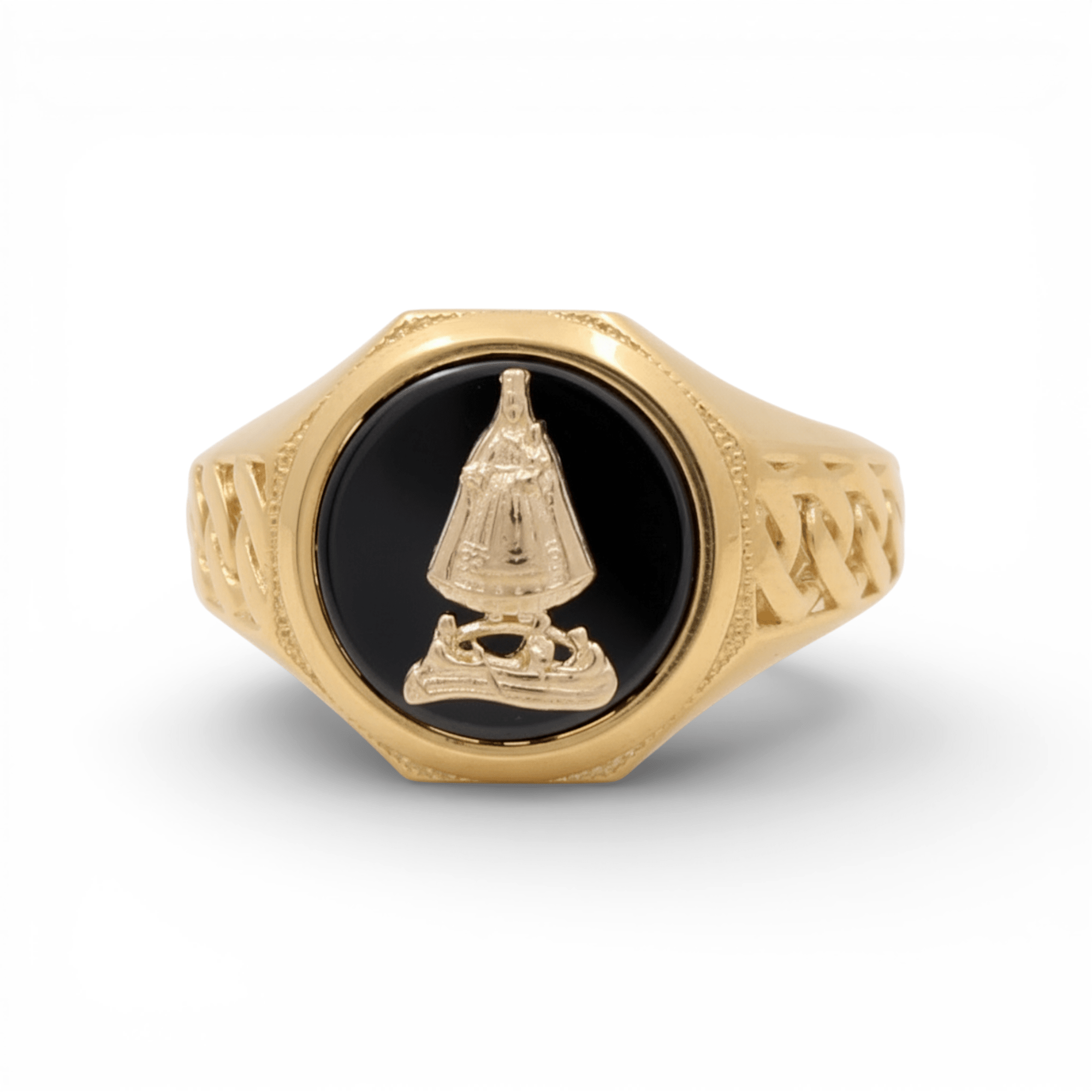 10k Yellow Gold Caridad del Cobre with Onyx Fashion Men's Ring - Miral Jewelry