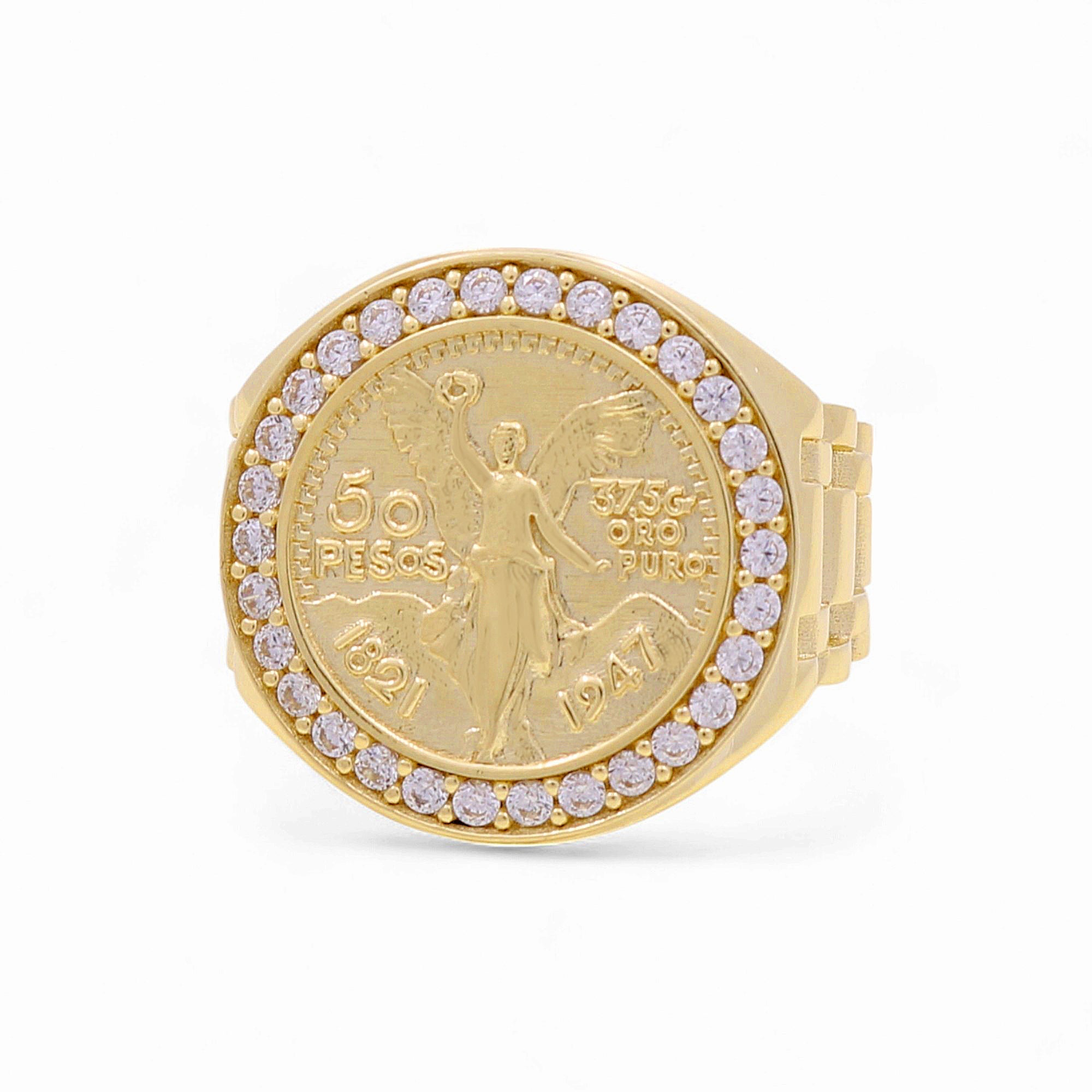 10K Yellow Gold Men's Centenario Coin Ring with CZ 8.2 g