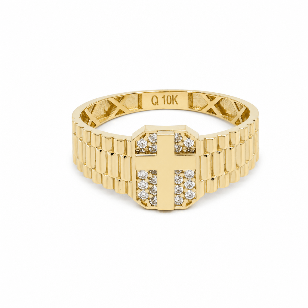 10k Yellow Gold Cross With CZ Fashion Ring Men's - Miral Jewelry
