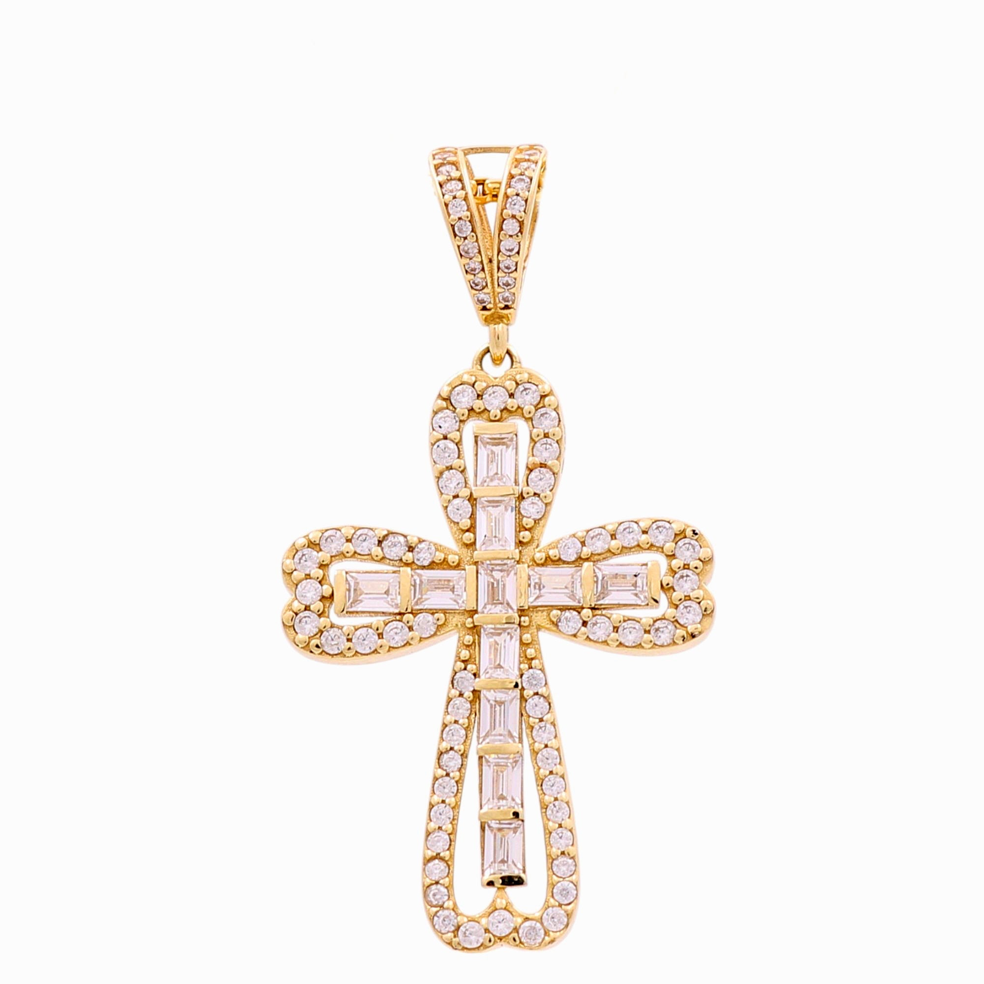 10K Yellow Gold Open Cross Pendant with Baguette CZ 3.6 g