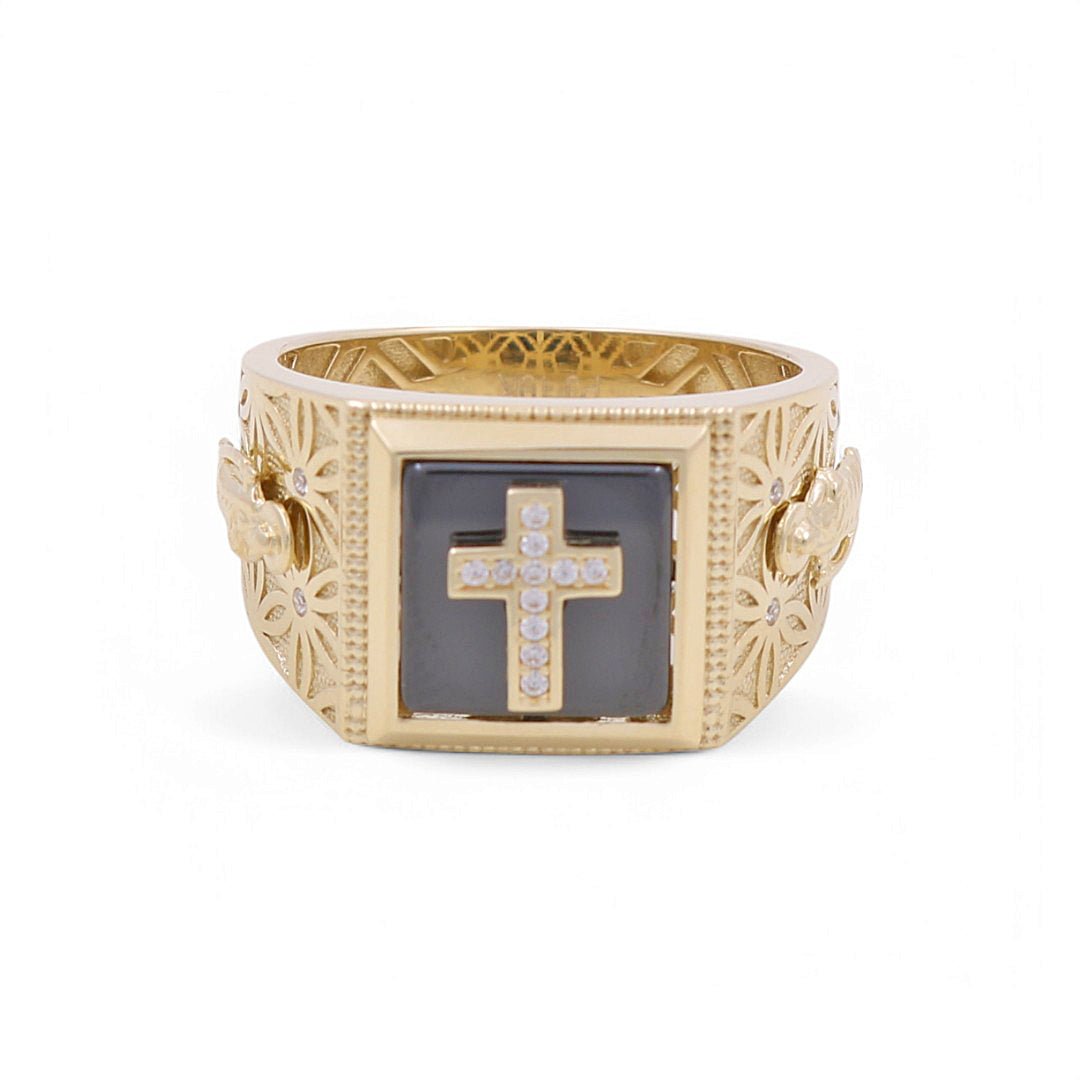 10k Yellow Gold Cross with Onix Fashion Ring - Miral Jewelry