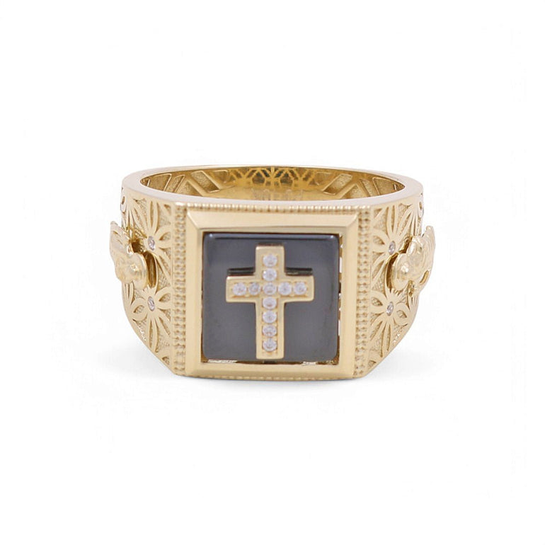 10k Yellow Gold Cross with Onix Fashion Ring - Miral Jewelry