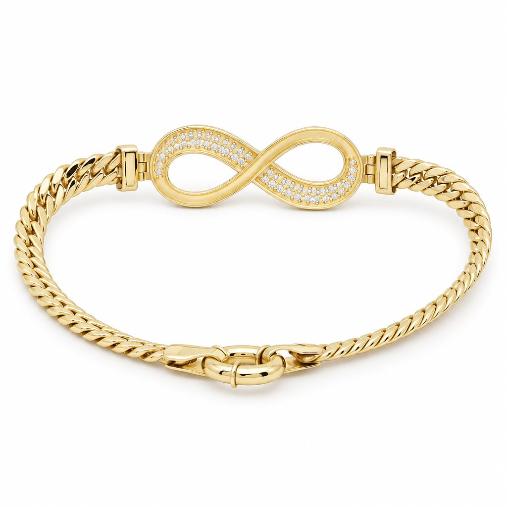 10K Yellow Gold Cuban Link Infinity Bracelet with Pavé CZ – 7.5" - Miral Jewelry