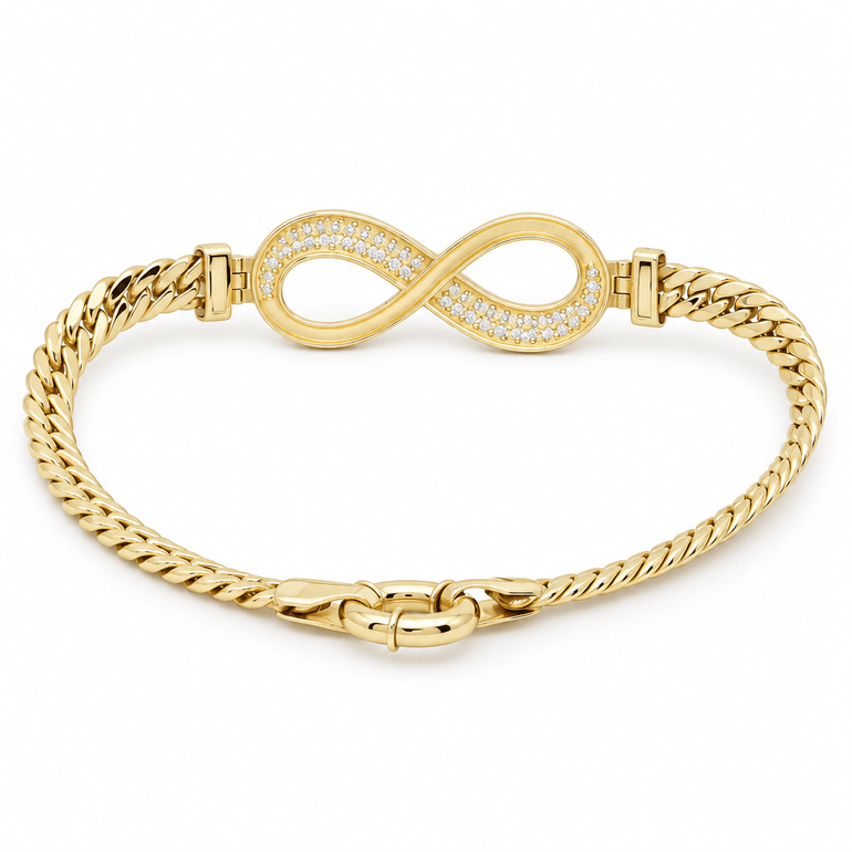 10K Yellow Gold Cuban Link Infinity Bracelet with Pavé CZ – 7.5" - Miral Jewelry