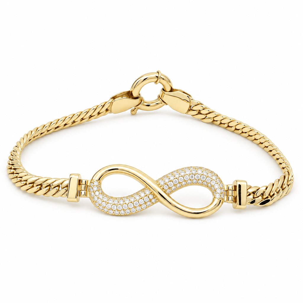 10K Yellow Gold Cuban Link Infinity Bracelet with Pavé CZ – 7.5" - Miral Jewelry