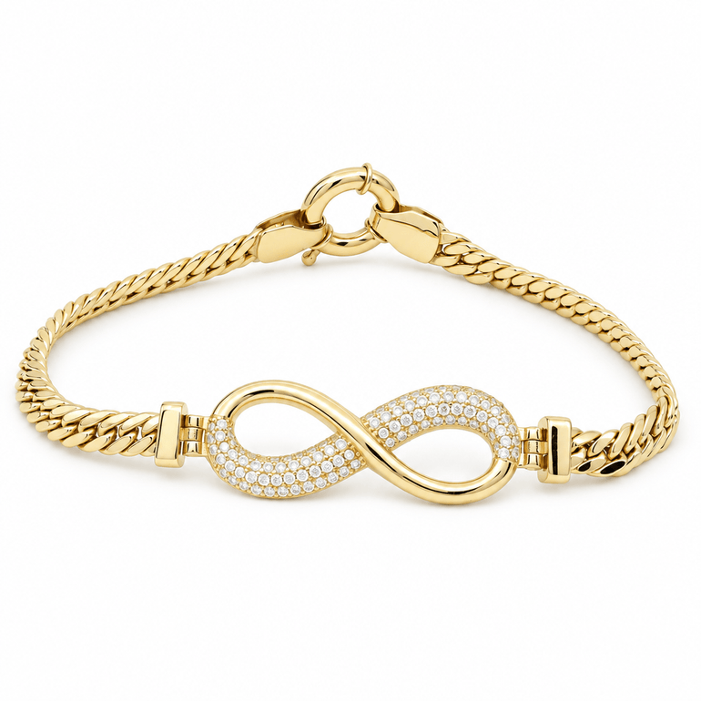 10K Yellow Gold Cuban Link Infinity Bracelet with Pavé CZ – 7.5" - Miral Jewelry