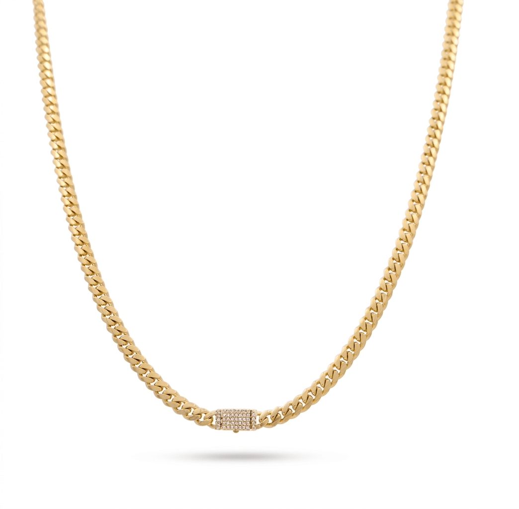 10K Yellow Gold Cuban Link with Cz Clasp Chain 19" - Miral Jewelry