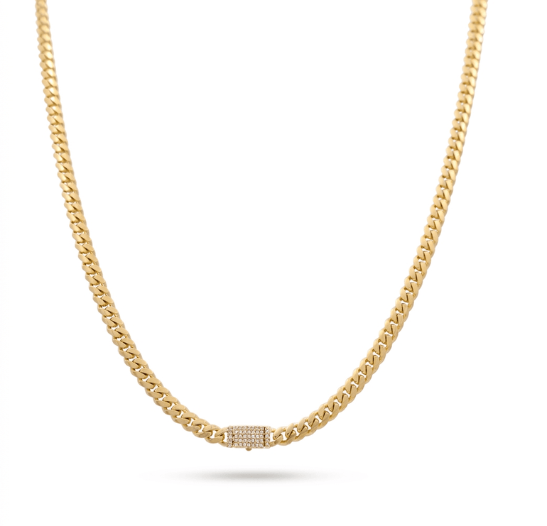 10K Yellow Gold Cuban Link with Cz Clasp Chain 19" - Miral Jewelry