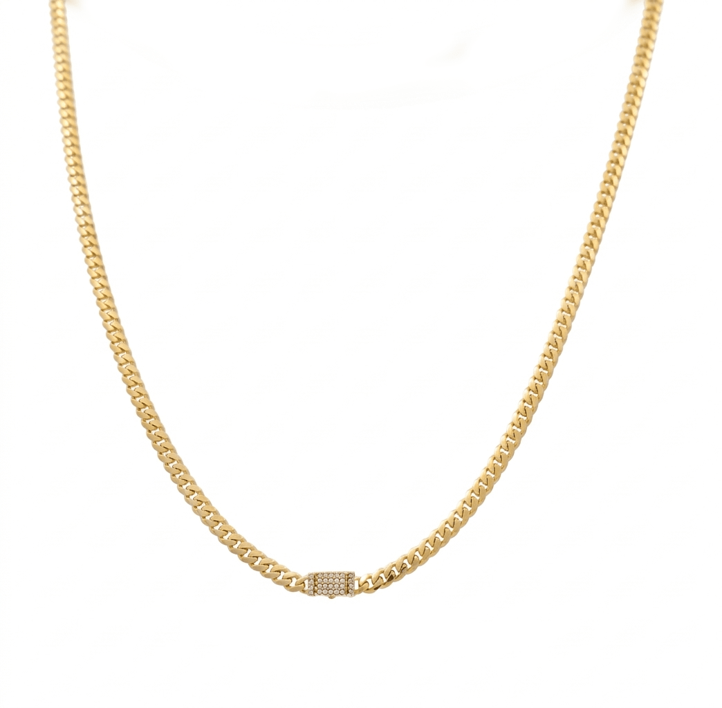 10K Yellow Gold Cuban Link with Cz Clasp Chain 19" - Miral Jewelry