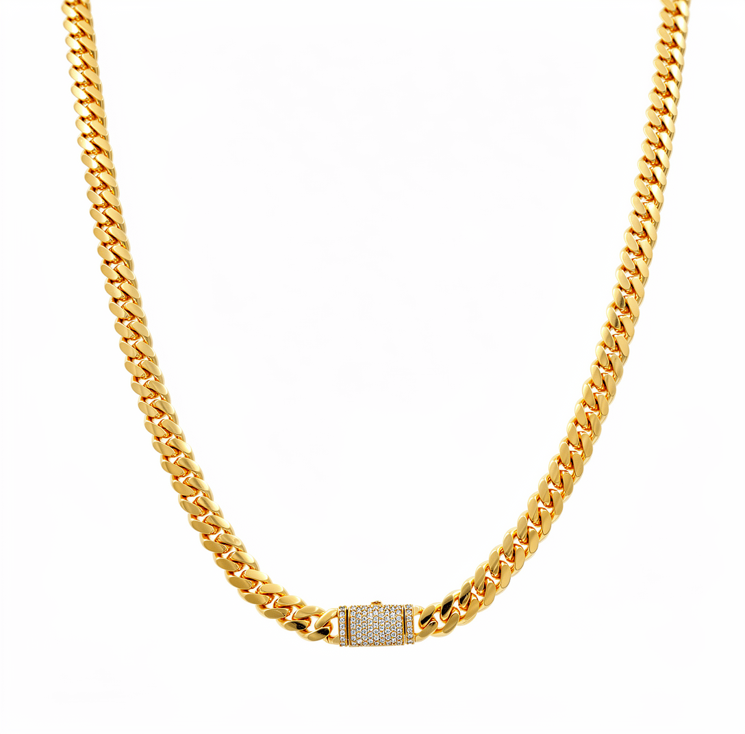 10K Yellow Gold Cuban Link with Cz Clasp Chain 24" - Miral Jewelry