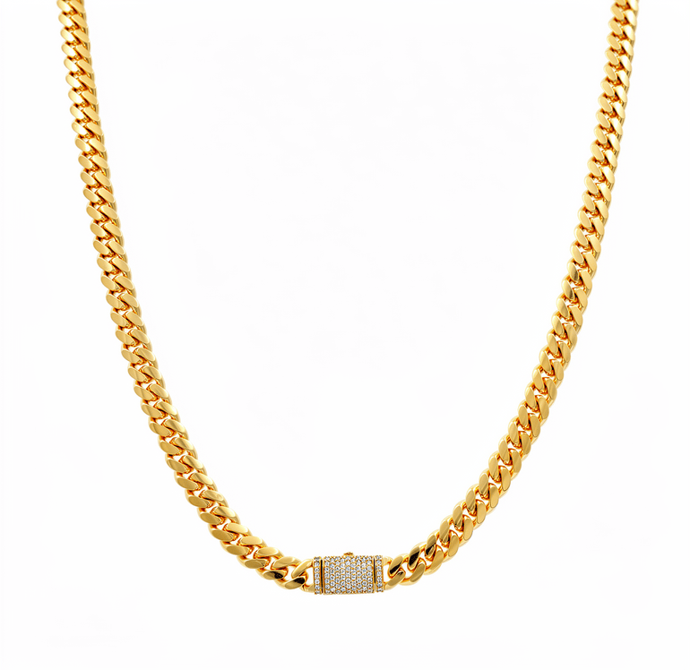 10K Yellow Gold Cuban Link with Cz Clasp Chain 24" - Miral Jewelry