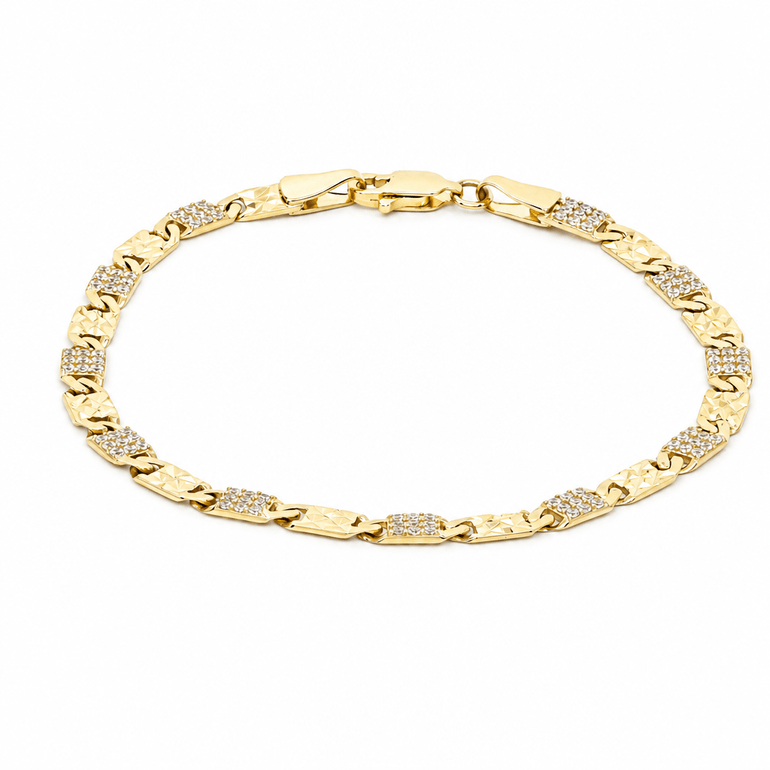 10K Yellow Gold Diamond-Cut Mariner Link Bracelet with CZ – 7" - Miral Jewelry