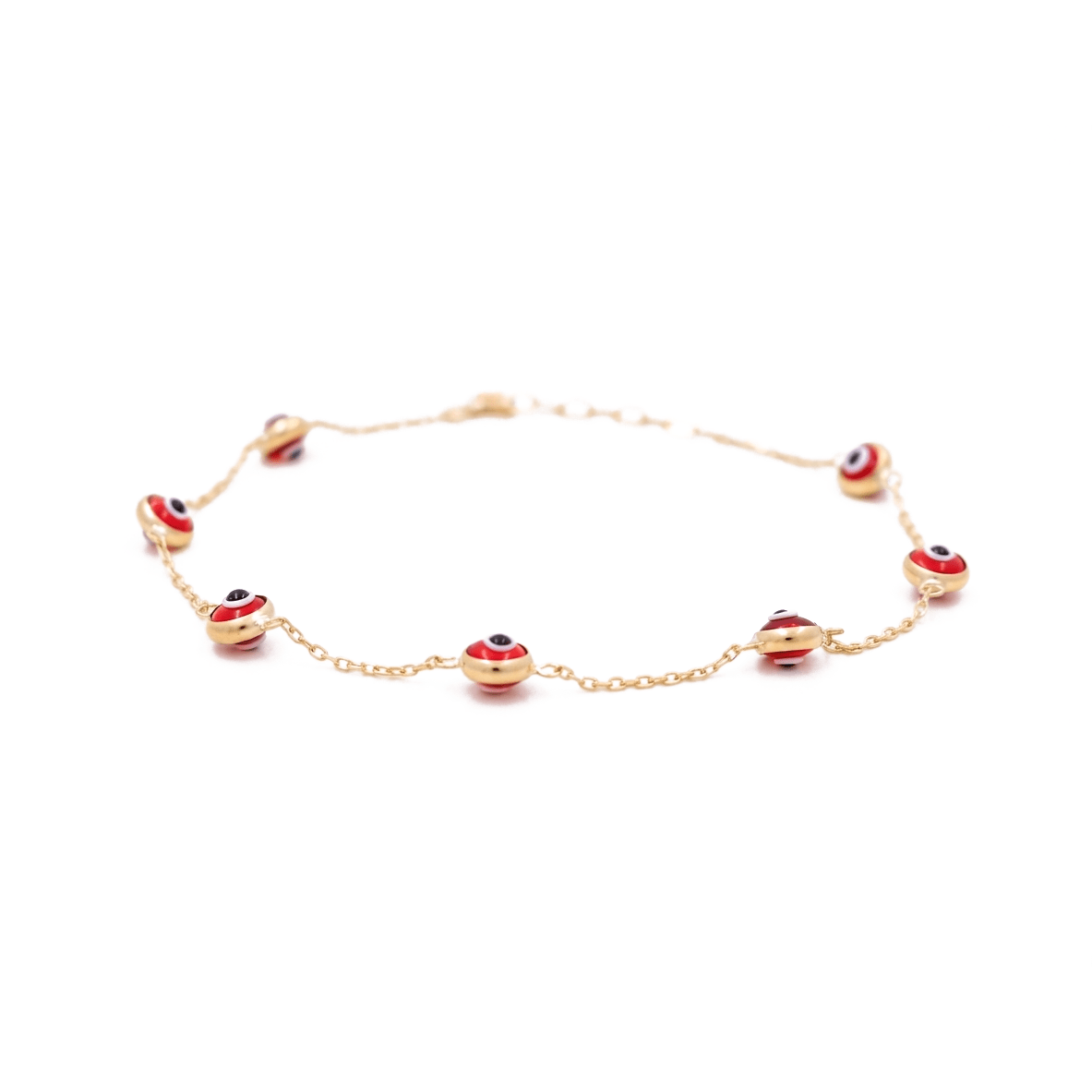 10K Yellow Gold Red Evil Eye Station Bracelet 7.5in, 1.7 g
