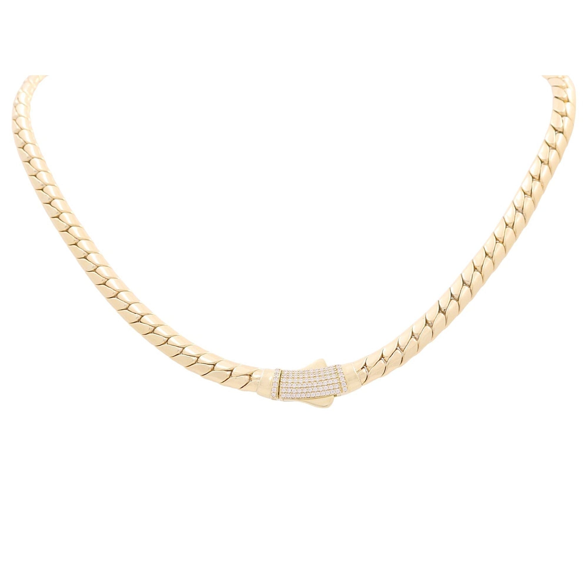 10K Yellow Gold Herringbone Collar Necklace with CZ Clasp 17in
