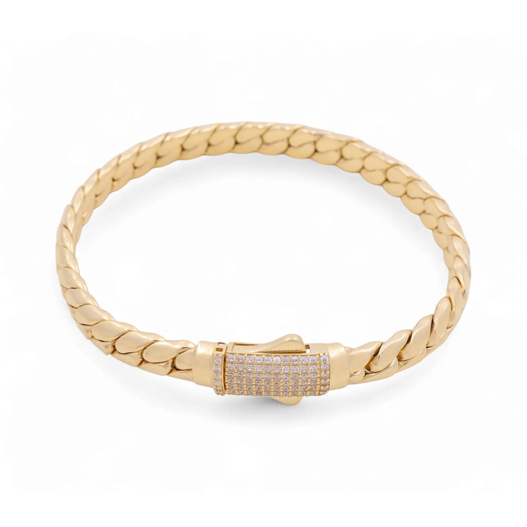10K Yellow Gold Flat Curb Bracelet with CZ Clasp 7.5in, 11.7 g