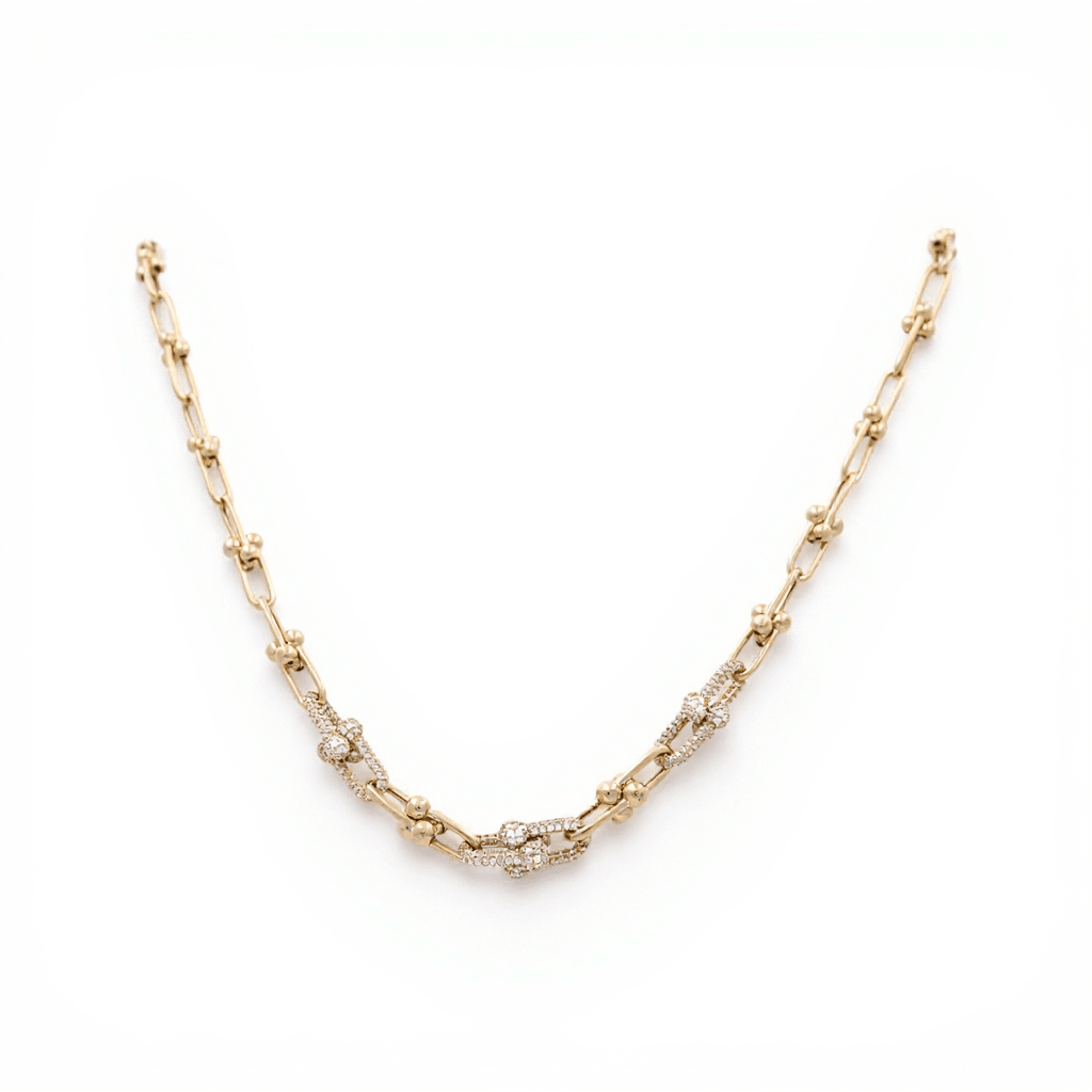 10K Yellow Gold Fancy Link with CZ Women's Necklace 18" - Miral Jewelry