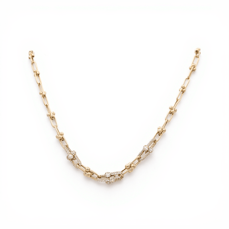 10K Yellow Gold Fancy Link with CZ Women's Necklace 18" - Miral Jewelry