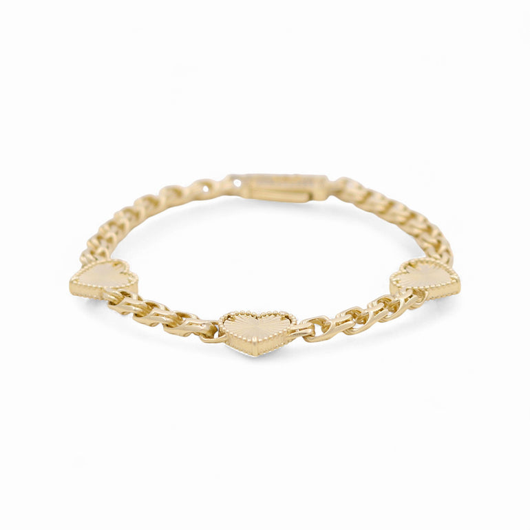 10K Yellow Gold Fancy Link with Hearts Bracelet - Miral Jewelry