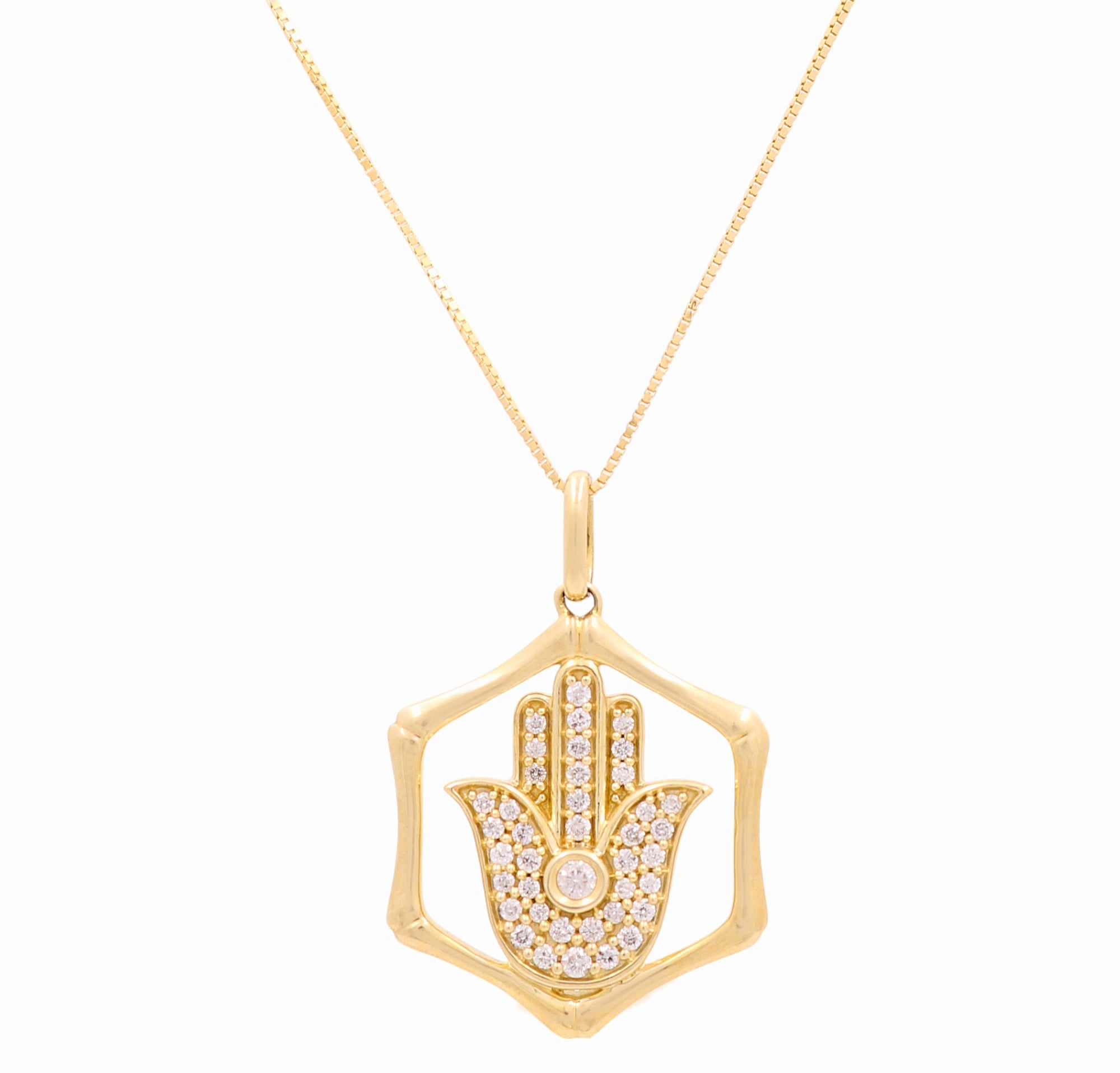 10K Yellow Gold Diamond Hamsa Necklace 0.20 ct tw