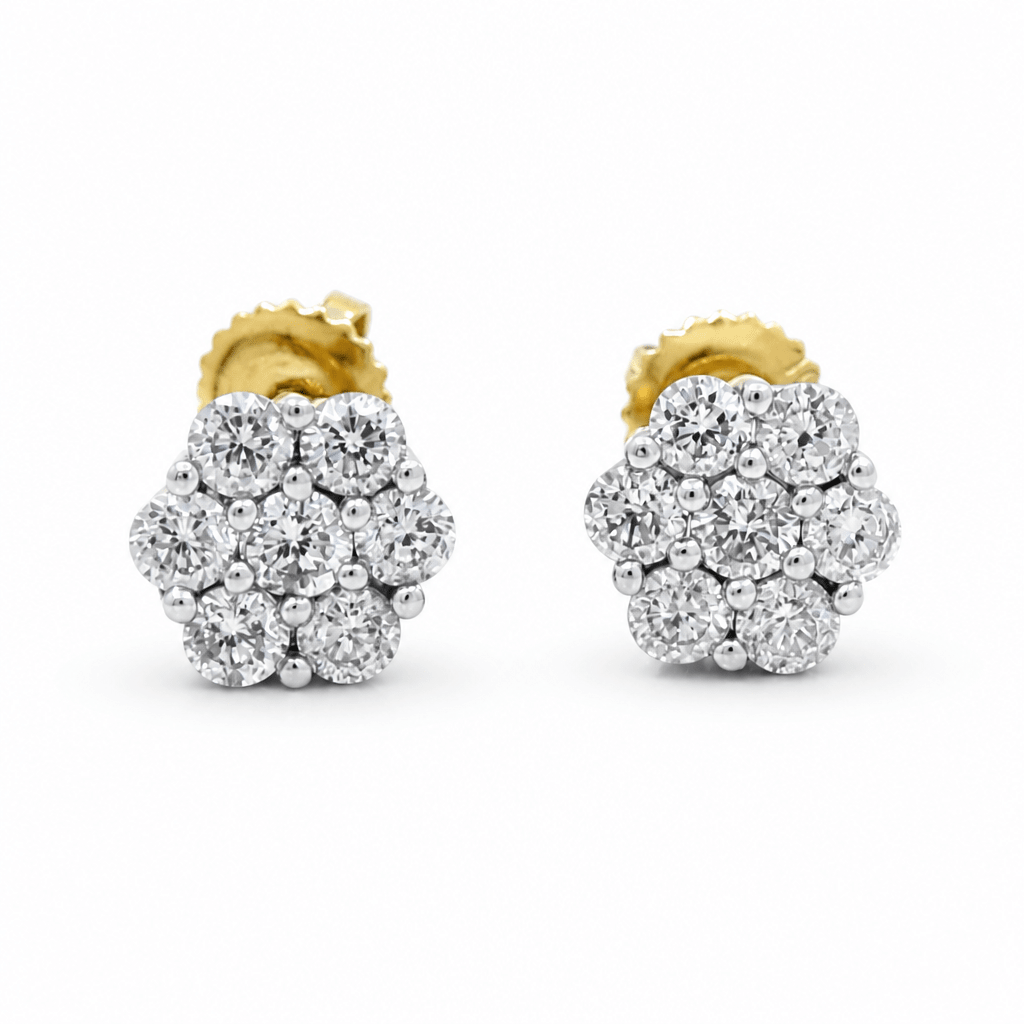 10K Yellow Gold Flower Diamond Earrings with 0.75Tw Round Diamonds - Miral Jewelry