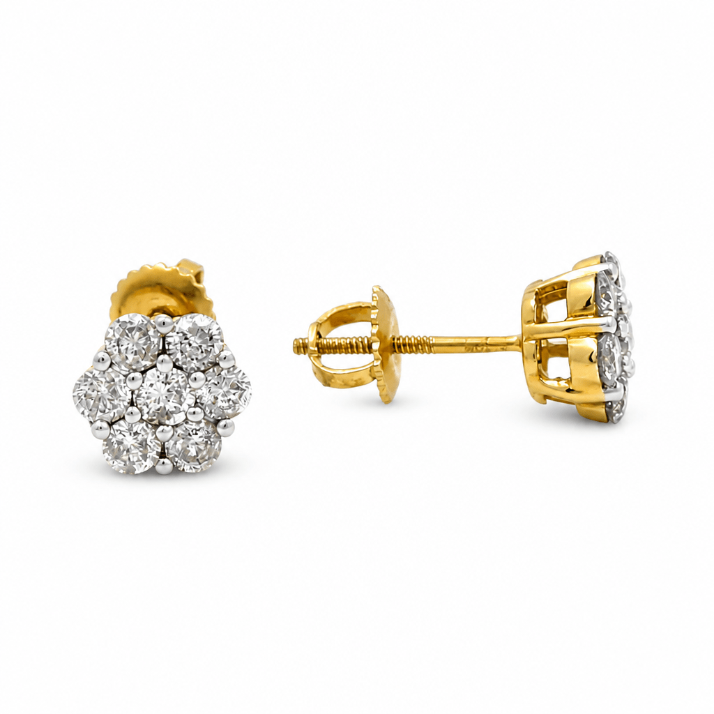 10K Yellow Gold Flower Diamond Earrings with 0.75Tw Round Diamonds - Miral Jewelry
