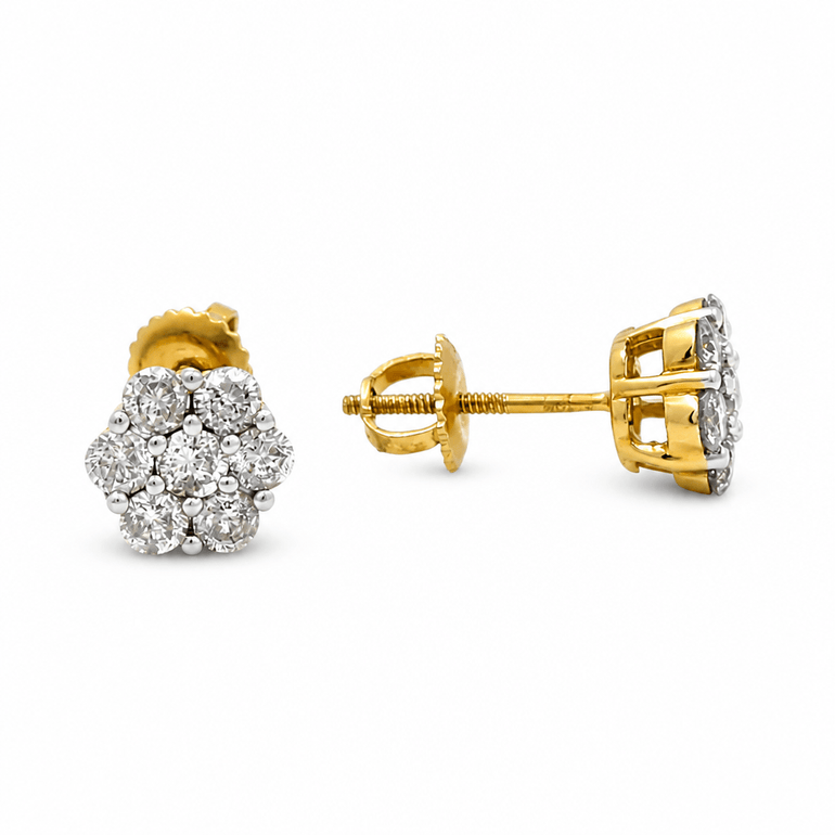 10K Yellow Gold Flower Diamond Earrings with 0.75Tw Round Diamonds - Miral Jewelry