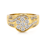 10K Yellow Gold Flower Diamond Engagement Ring with 1.00Tw Baguette and Round Diamonds - Miral Jewelry