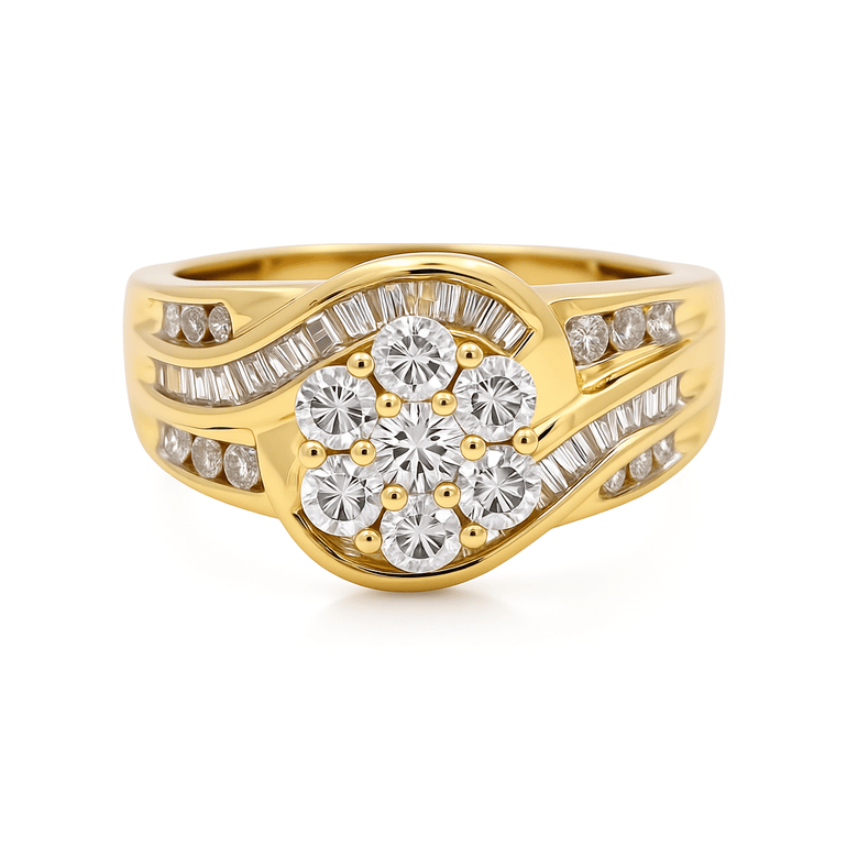 10K Yellow Gold Flower Diamond Engagement Ring with 1.00Tw Baguette and Round Diamonds - Miral Jewelry