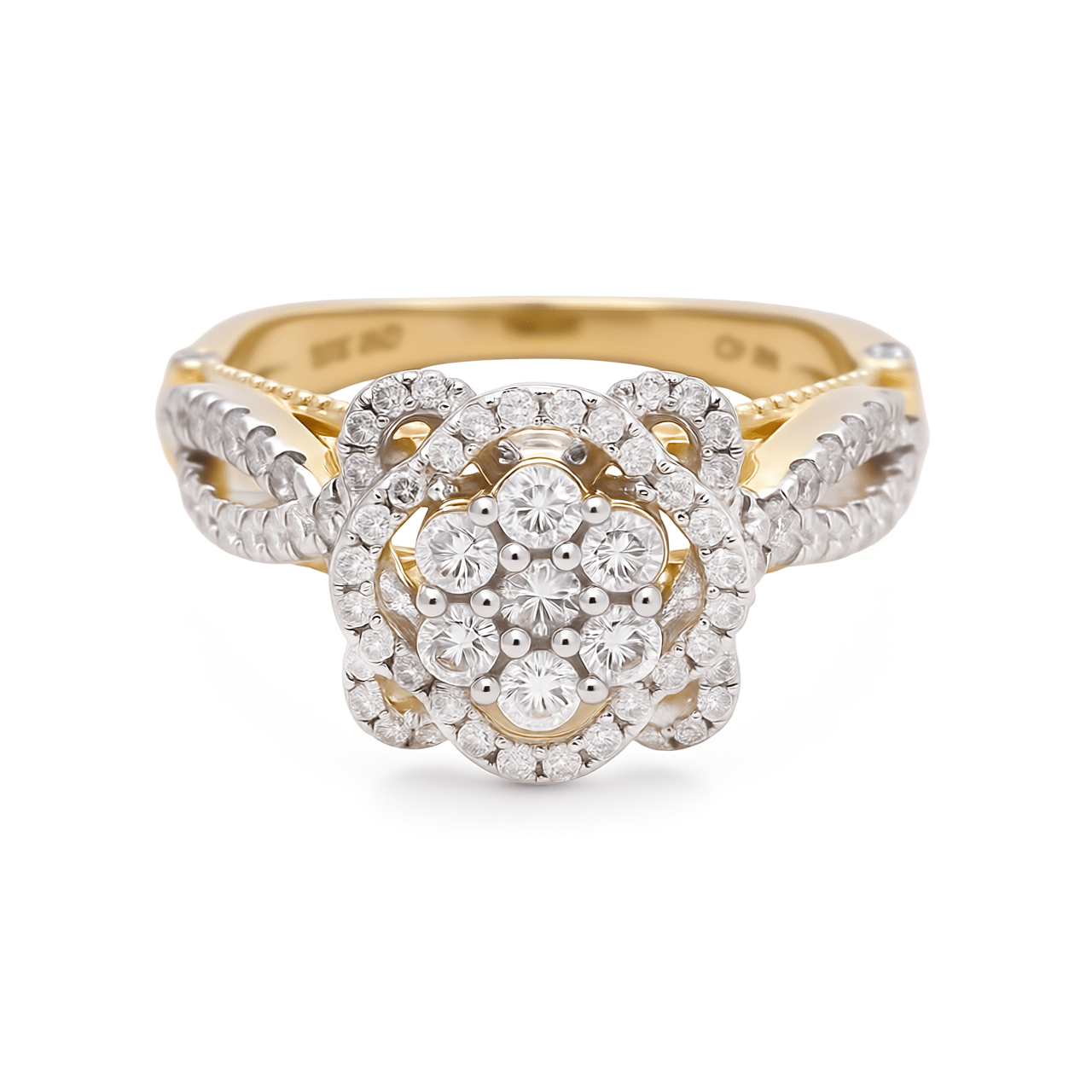 10K Yellow Gold Flower Diamond Engagement Ring with 1.00Tw Round Diamonds - Miral Jewelry