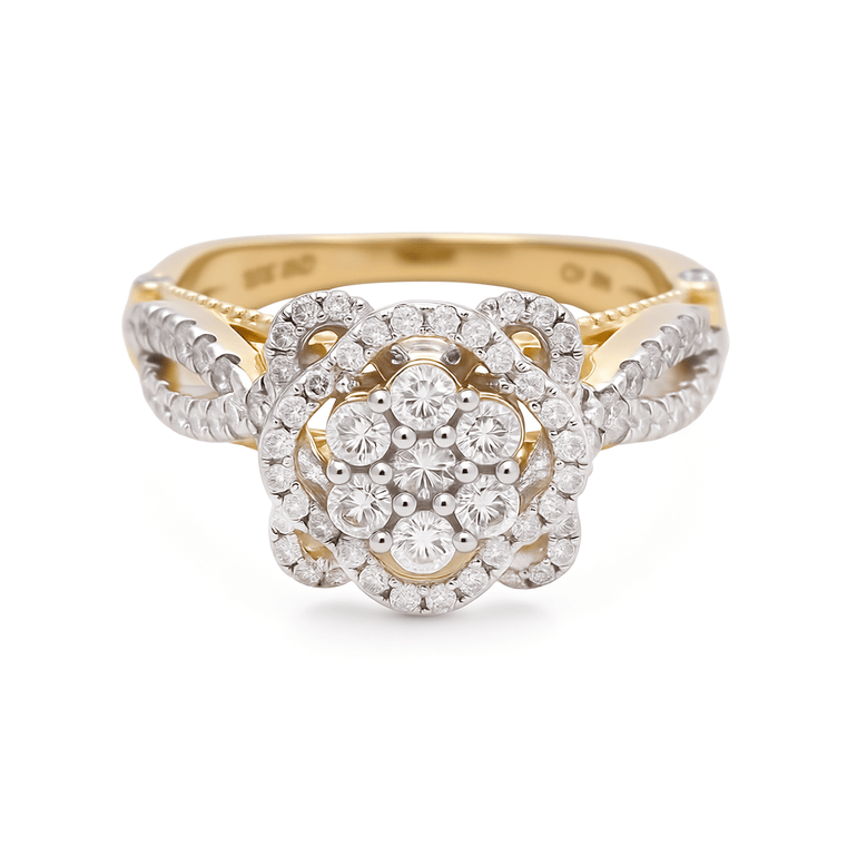 10K Yellow Gold Flower Diamond Engagement Ring with 1.00Tw Round Diamonds - Miral Jewelry