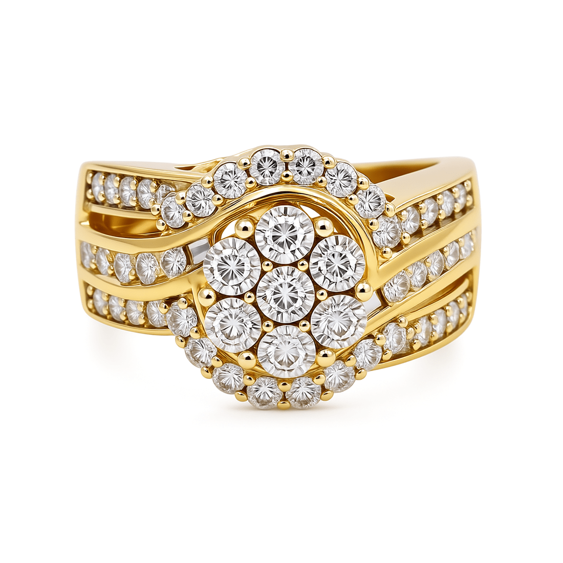 10K Yellow Gold Flower Cluster Swirl Diamond Engagement Ring 1.00 ct tw