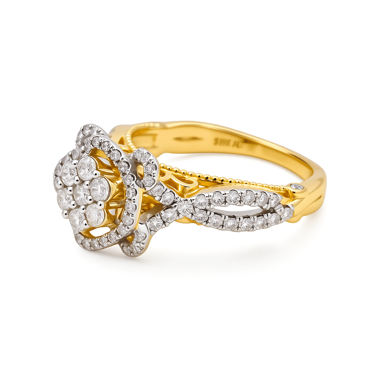 10K Yellow Gold Flower Diamond Engagement Ring with 1.00Tw Round Diamonds - Miral Jewelry