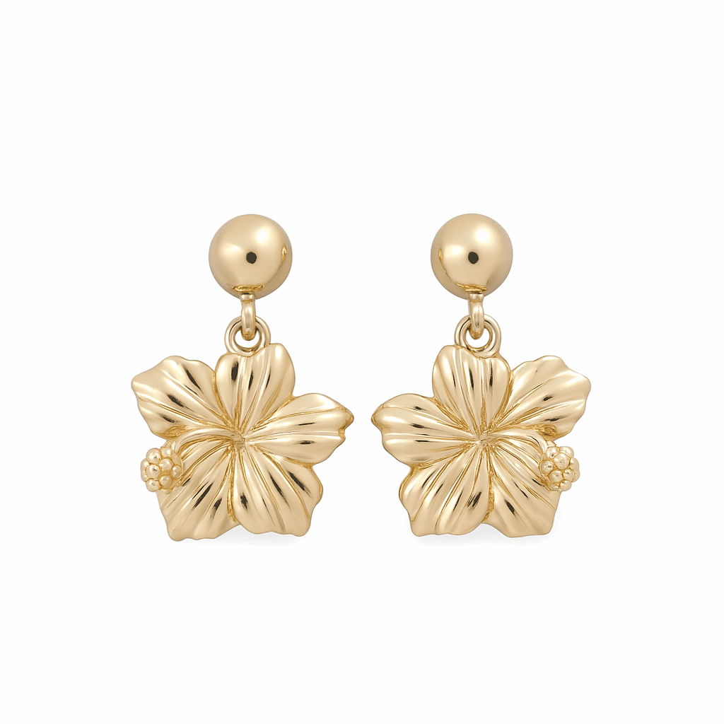 10K Yellow Gold Hibiscus Flower Drop Earrings 3.2 g
