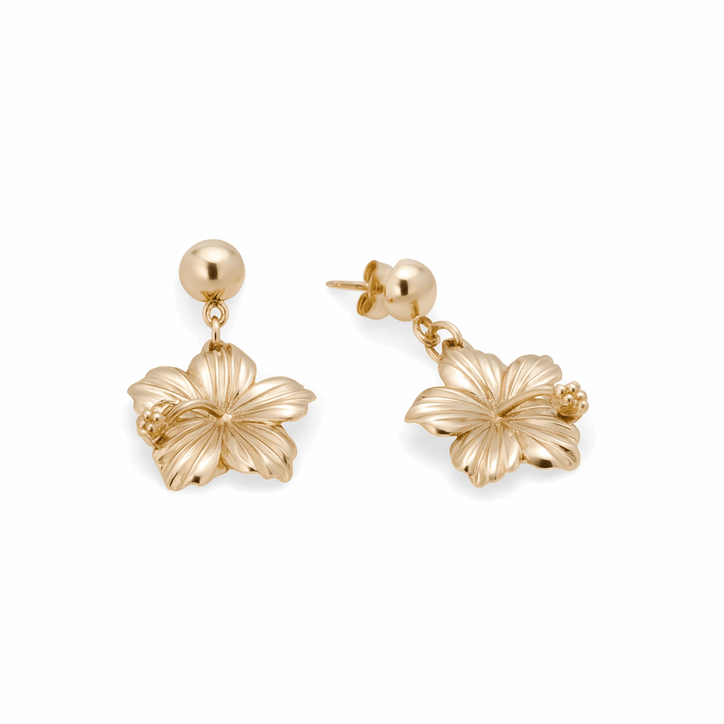10K Yellow Gold Hibiscus Flower Drop Earrings 3.2 g – view 2