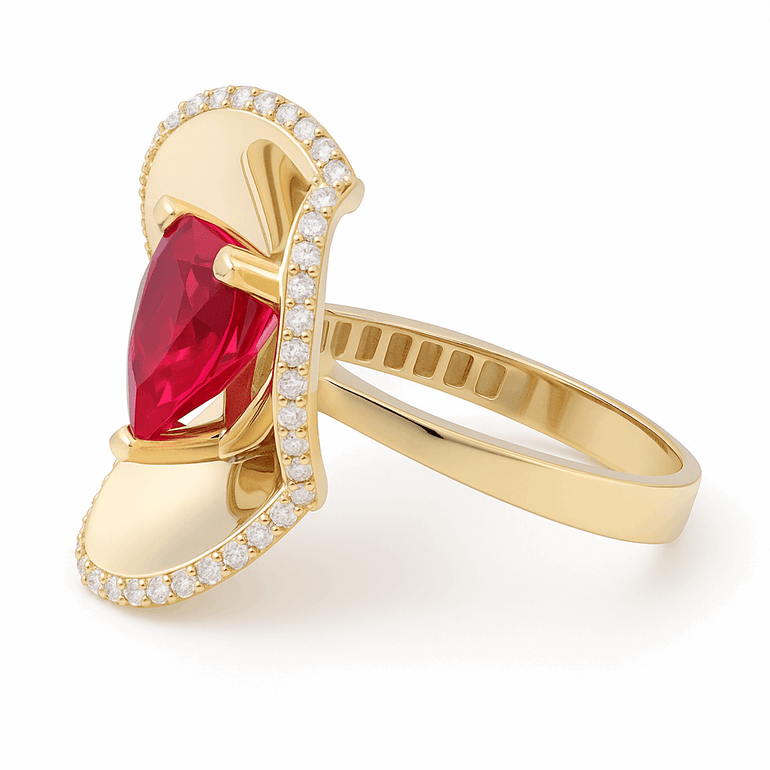 10K Yellow Gold Flower with red and White Cz Women's Ring - Miral Jewelry